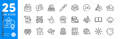 Outline icons set. Winner ribbon, 24 hours and Brush icons. Car, Report, Remove team web elements. Stress, Group people, Vip certificate signs. Internet search, Book, Recovery trash. Vector