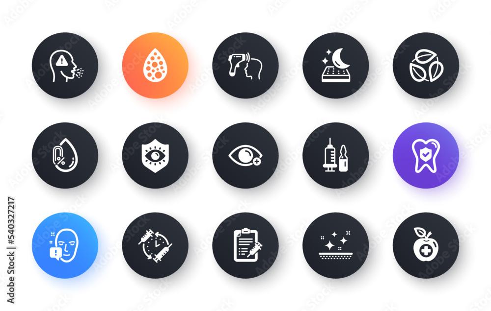 Minimal set of Clean skin, Eye protection and Artificial colors flat icons for web development. Vaccination schedule, Cough, Dental insurance icons. No alcohol, Electronic thermometer. Vector Minimal set of Clean skin, Eye protection and Artificial colors flat icons for web development. Vaccination schedule, Cough, Dental insurance icons. No alcohol, Electronic thermometer. Vector