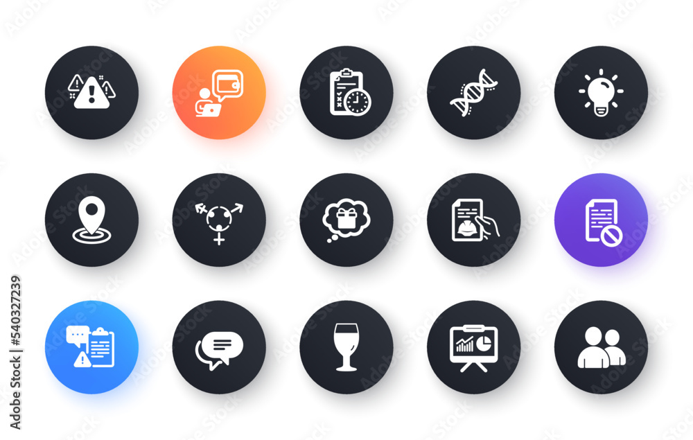 Minimal set of Genders, Location and Chemistry dna flat icons for web development. Gift dream, Exam time, Warning icons. Light bulb, Beer glass, Clipboard web elements. Wrong file. Vector Minimal set of Genders, Location and Chemistry dna flat icons for web development. Gift dream, Exam time, Warning icons. Light bulb, Beer glass, Clipboard web elements. Wrong file. Vector