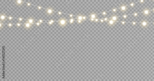 Christmas lights isolated realistic design elements. Glowing lights for Xmas Holiday cards, banners, posters, web design. Stock royalty free vector illustration. PNG