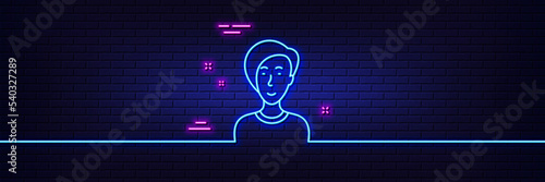 Neon light glow effect. Woman line icon. User or businesswoman person sign. Female silhouette symbol. 3d line neon glow icon. Brick wall banner. Businesswoman person outline. Vector