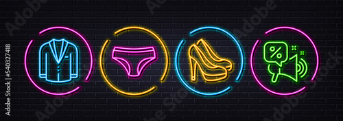 Suit, Panties and Shoes minimal line icons. Neon laser 3d lights. Discounts offer icons. For web, application, printing. Business jacket, Underwear lingerie, Fashion footwear. Megaphone promo. Vector