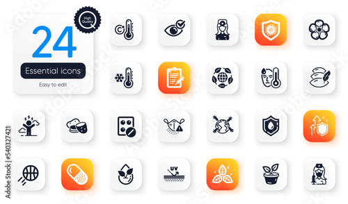 Set of Healthcare flat icons. Blood donation, Improving safety and Uv protection elements for web application. Natural linen, Celsius thermometer, Pillow icons. Difficult stress. Vector