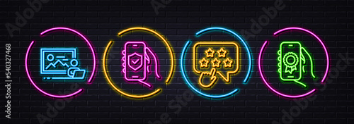 Ranking star, Photo studio and Security app minimal line icons. Neon laser 3d lights. Award app icons. For web, application, printing. Click rank, Online photography, Smartphone protection. Vector