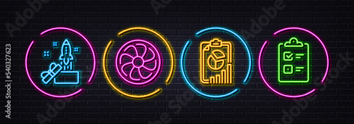 Fan engine, Report and Innovation minimal line icons. Neon laser 3d lights. Checklist icons. For web, application, printing. Ventilator, Presentation chart, Crowdfunding. Questioning clipboard. Vector