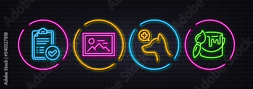 Veterinary clinic, Approved report and Photo minimal line icons. Neon laser 3d lights. Brush icons. For web, application, printing. Pets medicine, Verification document, Image placeholder. Vector
