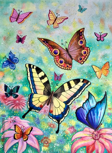 Watercolor butterflies. Colorful background. Design element.