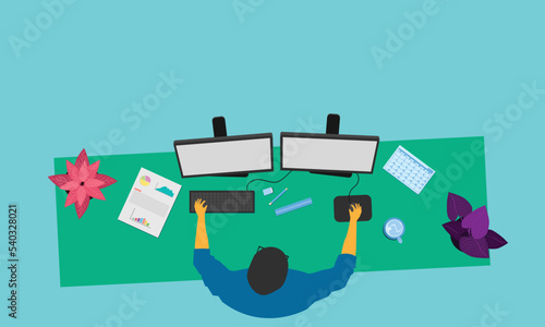 Vector of a male working front of two monitor screens