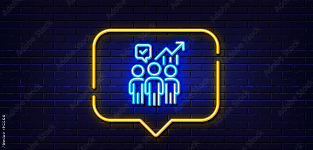 Neon light speech bubble. Business statistics line icon. Meeting report sign. Employees working results symbol. Neon light background. Business statistics glow line. Brick wall banner. Vector Neon light speech bubble. Business statistics line icon. Meeting report sign. Employees working results symbol. Neon light background. Business statistics glow line. Brick wall banner. Vector