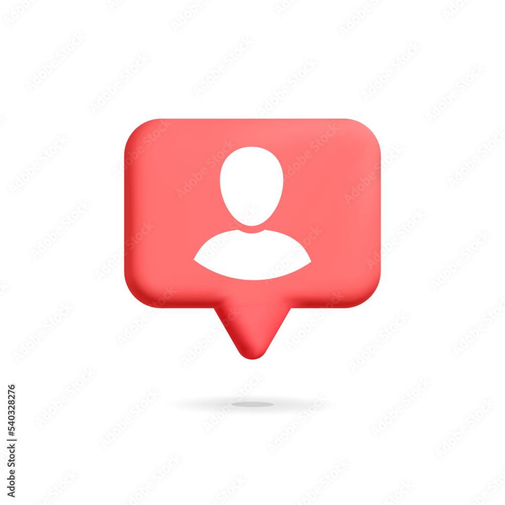 3d vector cartoon render speech bubble box with people user avatar symbol. Red push notification with person login sign for profile registration ui design isolated on white background. 3d vector cartoon render speech bubble box with people user avatar symbol. Red push notification with person login sign for profile registration ui design isolated on white background.