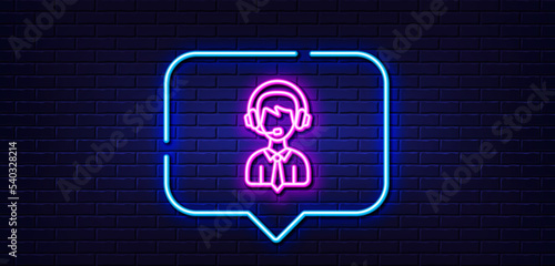 Neon light speech bubble. Shipping support line icon. Delivery manager sign. Logistics help symbol. Neon light background. Shipping support glow line. Brick wall banner. Vector