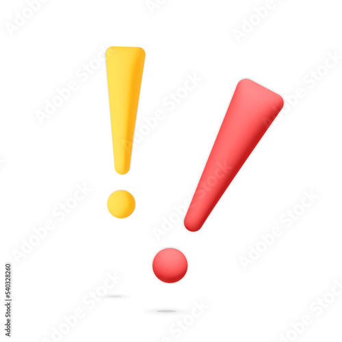 3d vector alert and warning red and yellow Exclamation sign icon design. Cartoon render danger and hazard symbol isolated on white background.