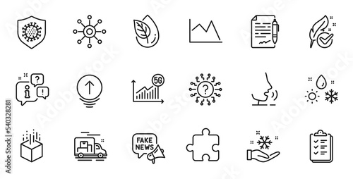 Outline set of Line chart, Agreement document and Augmented reality line icons for web application. Talk, information, delivery truck outline icon. Include Puzzle, Weather, Multichannel icons. Vector
