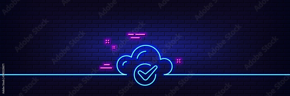 Neon light glow effect. Approved cloud computing line icon. Internet data storage sign. File hosting technology symbol. 3d line neon glow icon. Brick wall banner. Cloud computing outline. Vector Neon light glow effect. Approved cloud computing line icon. Internet data storage sign. File hosting technology symbol. 3d line neon glow icon. Brick wall banner. Cloud computing outline. Vector