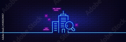 Neon light glow effect. Inspect line icon. Building quality sign. Construction verification symbol. 3d line neon glow icon. Brick wall banner. Inspect outline. Vector