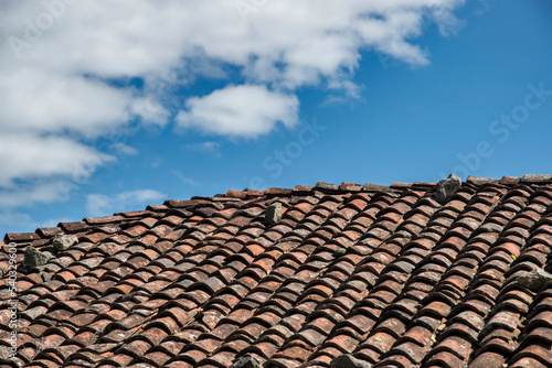 Roof of old country house from weathered aged clay tiles closeup © varbenov