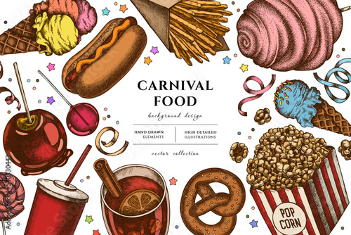 Carnival food hand drawn illustration design. Background with retro french fries, pretzel, popcorn, lemonade, hot dog, mulled wine, caramel apple, cotton candy, ice cream cones, lollipop, ribbons.