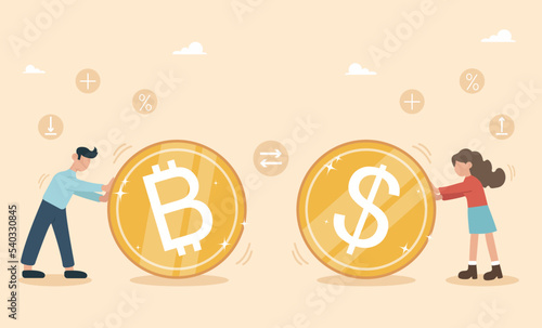 Bitcoin and cryptocurrency value compared to dollar money, dollar money to bitcoin exchange, currency to cryptocurrency exchange, wallet replenishment, virtual money. A woman and a man roll big coins.