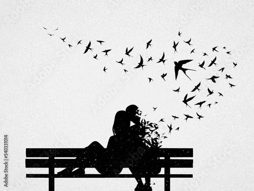 Loving couple on bench. Death and afterlife. Flying birds silhouette.