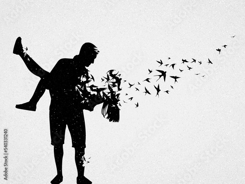 Lovers silhouette. Loss of loved one. Death and afterlife. Flying bird.