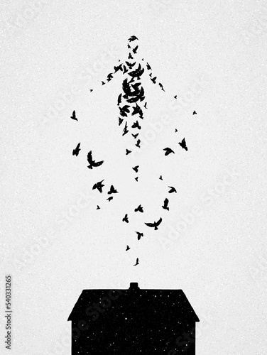 Human soul flies out of house. Death, afterlife. Flying flock of birds
