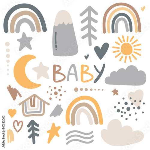 Set of cute boho baby objects in Scandinavian style. Cartoon doodle kids clipart for baby shower invitation card, nursery room decor, poster.