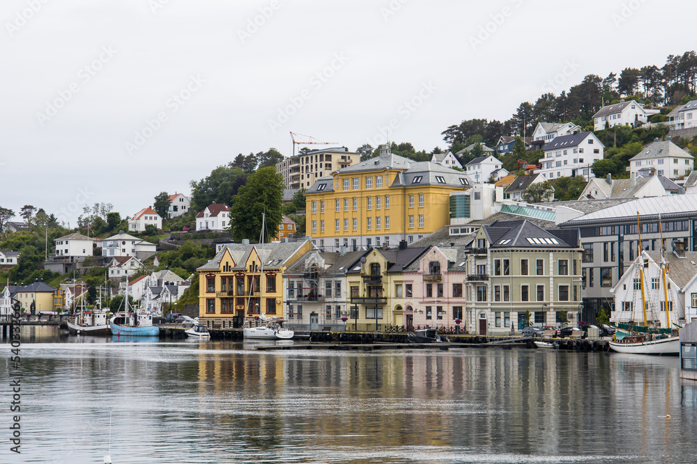 Fototapeta premium Farsund, Norway - View at the waterfront of the idyllic village of Farsund in southern Norway