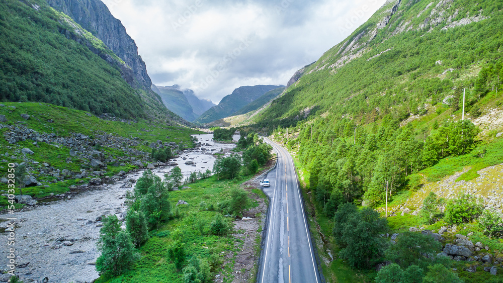Epic scenic road Hunnedalsvegen through an idyllic valley in Norway