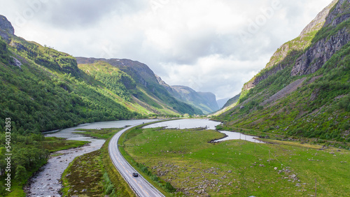 Epic scenic road Hunnedalsvegen through an idyllic valley in Norway