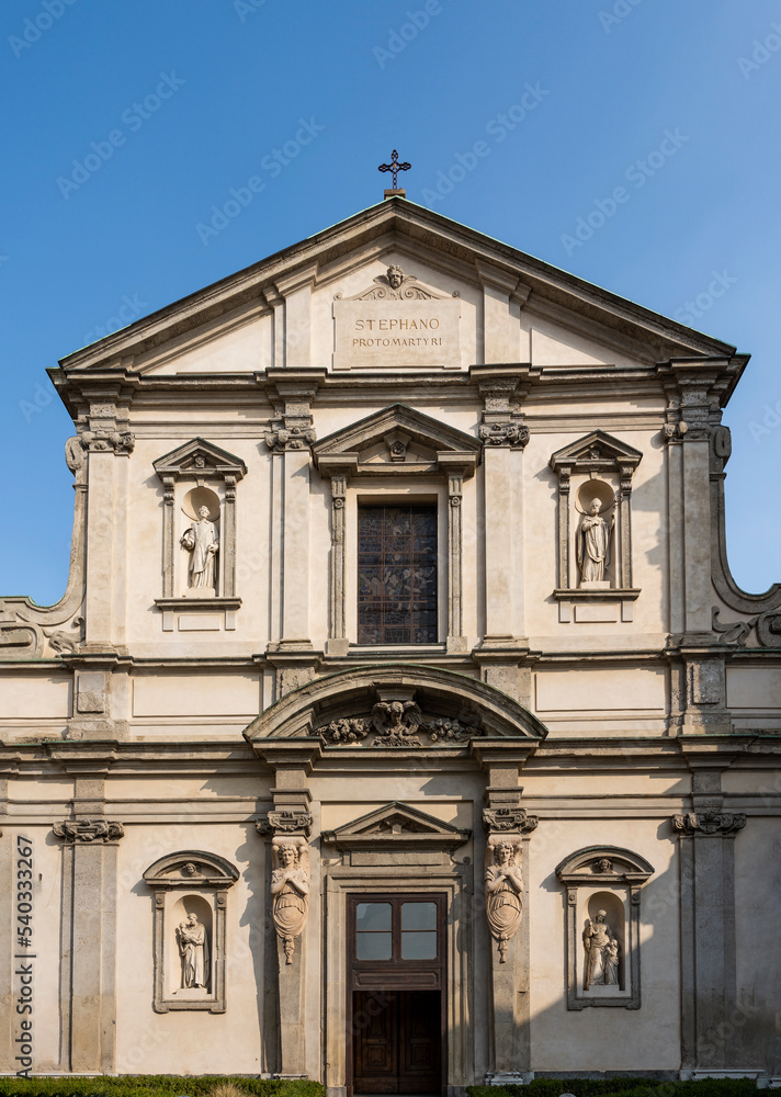 Façade of Saint Stephen's Basilica, church estabilished in 5th century, in Milan city center, Lombardia region, Italy 