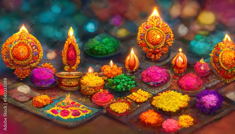 Happy Diwali, Diya lamps lit during Dipavali, Hindu festival of lights celebration.