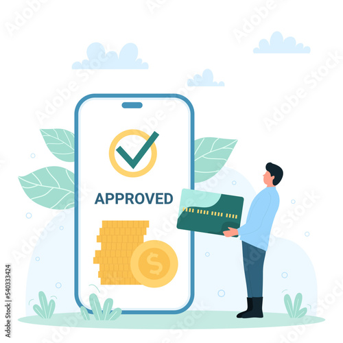 Success of online credit approval in mobile bank app vector illustration. Cartoon tiny character and giant phone with approved credit and stack of money on screen, virtual transaction and payment