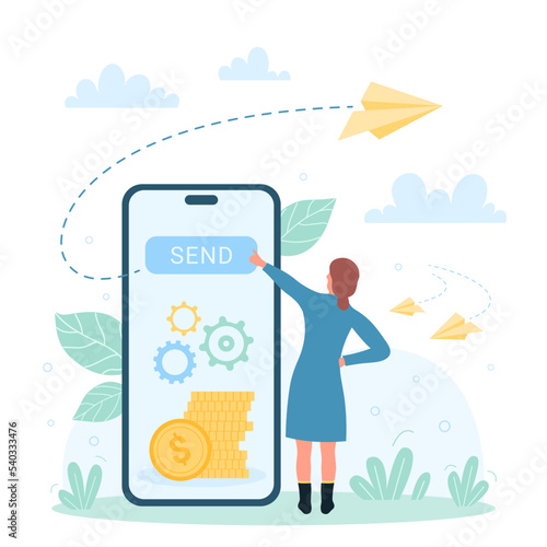 Money payment and instant transaction from digital wallet, bank account mobile app vector illustration. Cartoon tiny woman touching send button on phone screen to pay and transfer dollar gold coins