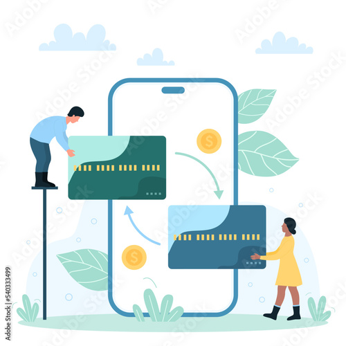 Online money transfer, transaction service in mobile bank app vector illustration. Cartoon tiny customers holding two credit cards to pay, send and receive money from digital wallet in smartphone