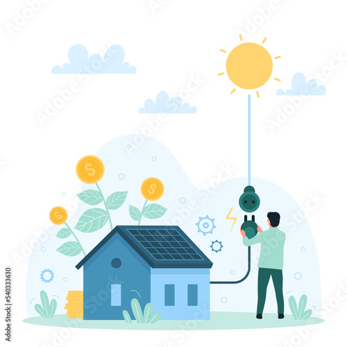 Photovoltaic system for smart home, eco technology vector illustration. Cartoon tiny man connecting plug on wire to socket leading from sun to charge generator with solar panel on roof of house