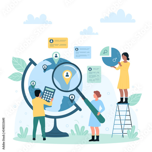 Sociology, demographic analysis of society, human resources vector illustration. Cartoon tiny people look through magnifying glass at profile location pin on globe, work with network community