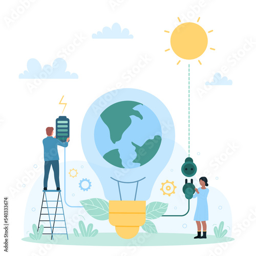 Renewable eco energy for electrification of planet Earth, environment protection vector illustration. Cartoon tiny people charge battery from sun to power generator for light bulb with globe inside