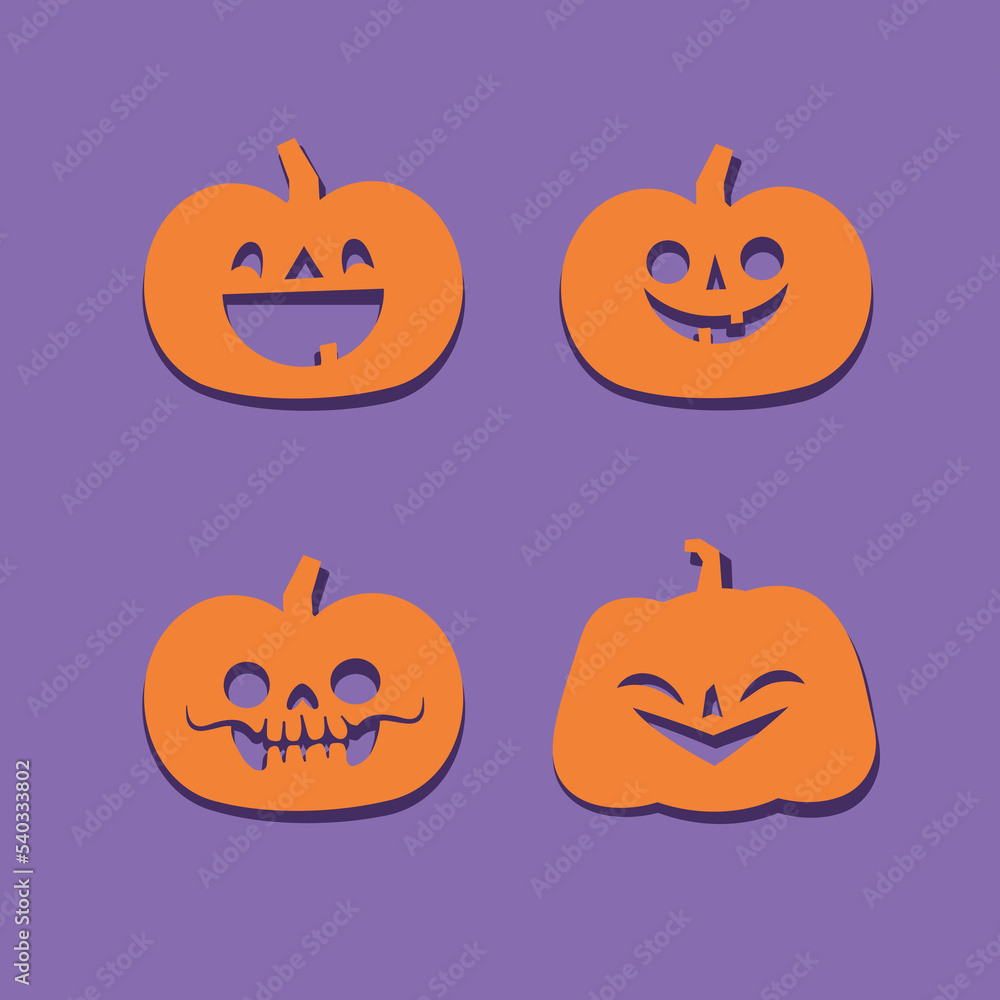 Halloween carved pumpkins. Jack O lantern flat icons. Halloween carved pumpkins. Jack O lantern flat icons.