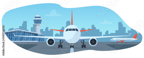 Airport terminal building, control tower and big aircraft on runway. City building silhouettes on background. Time to travel. Travel concept, vector illustration, flat.