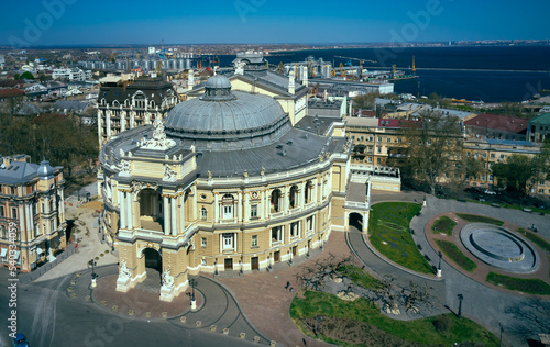 Air panorama of National Opera and Ballet Theatre in Odessa Ukraine with city and port as background