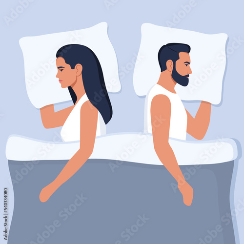 Young couple on bed turned back each other. Intimate, depressed couple, married or sexual problems. Misunderstanding, disagreement, relationship troubles. Man and woman in quarrel. Vector.