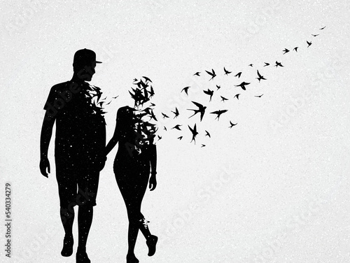 Lovers silhouette. Loss of loved one. Death and afterlife. Flying bird