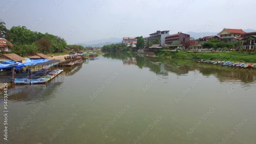 Aerial timelapse view flying backward over the Nam Song river in Vang Vieng, a small town north of Vientiane in Laos. Aerial timelapse view flying backward over the Nam Song river in Vang Vieng, a small town north of Vientiane in Laos.