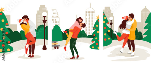 Three Christmas postcards with romantic couples hugging and kissing. Lovers on a winter time dates with cityscapes as a background. Xmas vibes.