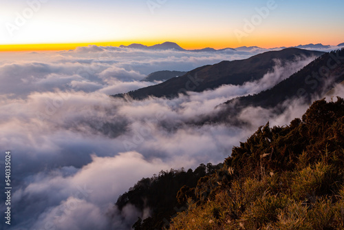 Sunset beautiful landscape of Sea of clouds over Hehuanshan