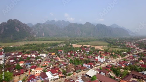 Aerial view of Vang Vieng, a small town north of Vientiane, on the Nam Song River in Laos. 