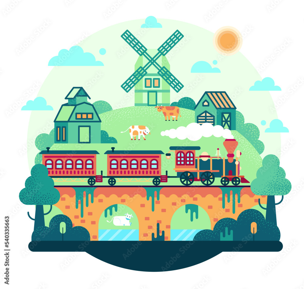 Naklejka premium Train runs over the bridge in the countryside - Vector cartoon illustration in flat stile