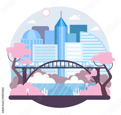 Metro train on bridge in megapolis night panorama. Vector illustration in flat stile