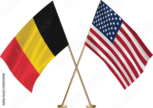 Belgium,US flag together.American,Belgium waving flag together