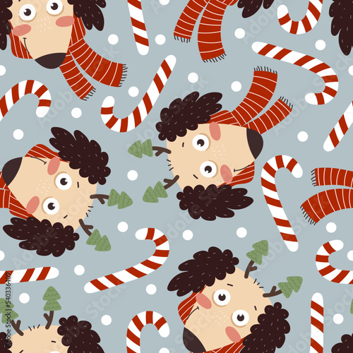 holiday Seamless pattern with cartoon dog, candy, decor elements. colorful vector for kids, flat style. hand drawing. Baby design for fabric, textile, print, wrapper.